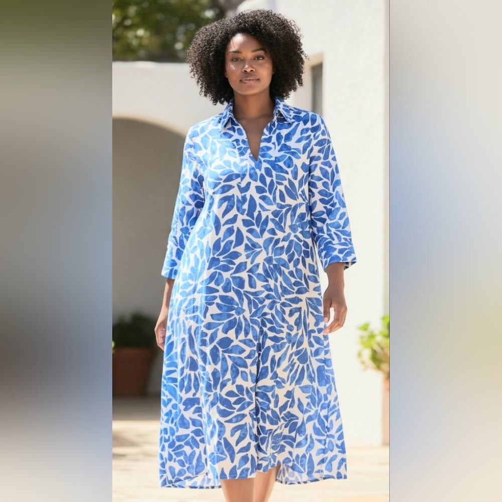 Mlle Gabrielle Blue and White Leaf-Print Shirt Dress